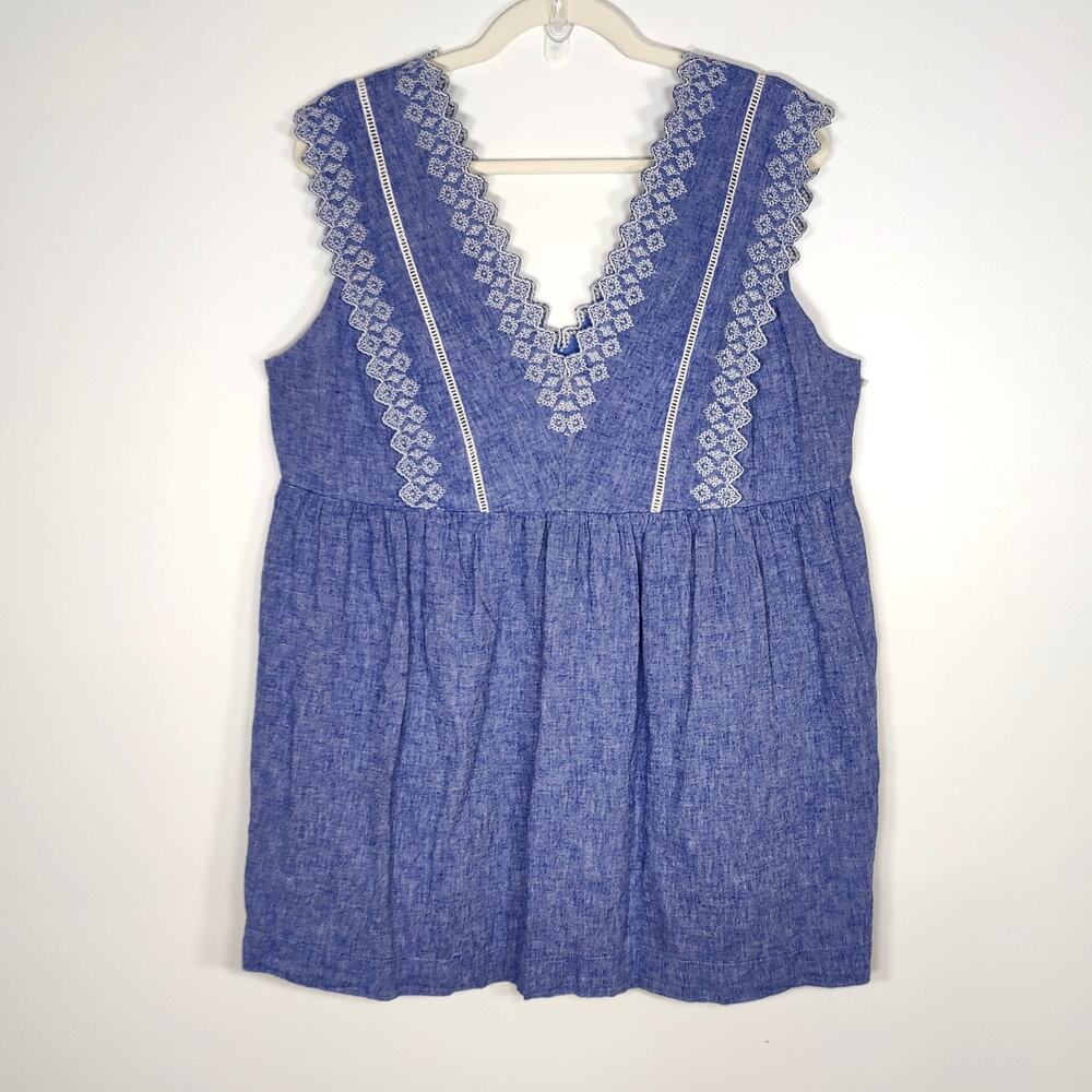Isabel Maternity Blue Linen Blend Embroidered Top L Boho Coastal